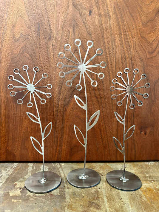 Handmade Steel Dandelion Flower Trio – Rustic Metal Art